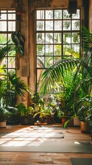 Obraz premium A serene yoga studio where practitioners are surrounded by plants known for high Vitamin B content