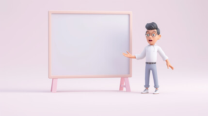 3D animated character gesturing towards a blank whiteboard, pink background
