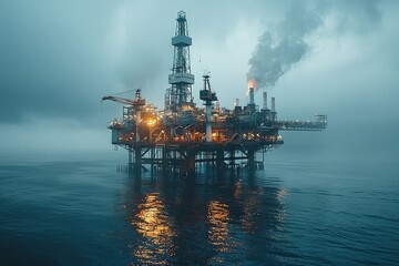 Majestic offshore oil drilling platform captured during a foggy twilight, smoke rising against the hazy sky