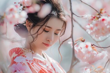 Fototapeta premium Beautiful Female wearing traditional Japanese kimono with cherry blossom in spring