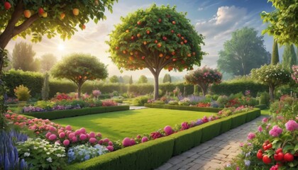 Sunlight bathes a lush garden with ripe fruit trees and vibrant flowers, evoking a serene, Eden-like paradise.. AI Generation
