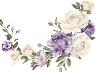 a floral corner arrangement with purple carnations and cream roses, watercolor, Generative AI
