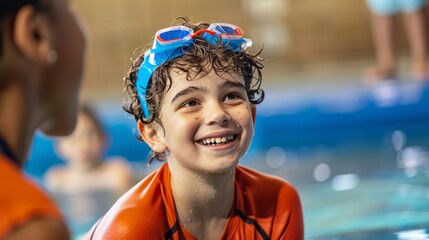 Happy boy kid enjoying swimming lessons and smiling. Sports helps to keep a positive mood