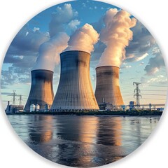 Circled photo of three large power plants are spewing smoke into the air isolated on white background