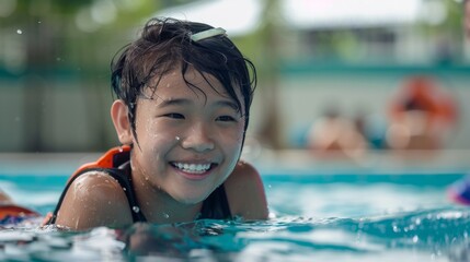 A young asian girl is smiling and enjoying in a pool. Leisure and sports time makes you happy