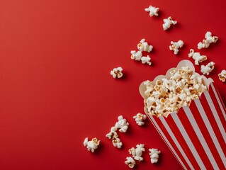Popcorn is scattered from a striped box isolated on a red background. Top view with copy space. Movies leisure time