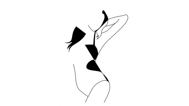 Abstract linear drawing of a girl in a swimsuit. Portrait minimalistic style. Modern continuous line art. Fashion print. Beaty salon