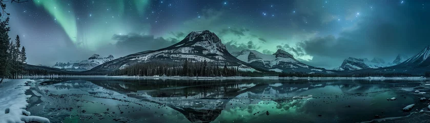 Poster Aurora over peak, reflected in lake, winter night landscape © PARALOGIA