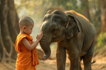 Asian child monk with his elephant in the temple