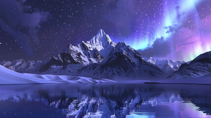 Aurora shimmer over peak, sea lake reflection, winter night