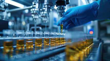 A gloved hand holds a pipette and fills test tubes with a yellow liquid on a production line.