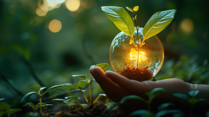 A hand holding a light bulb with a plant growing inside it. The light bulb is glowing and the plant is green and healthy. The background is a blur of green leaves.
