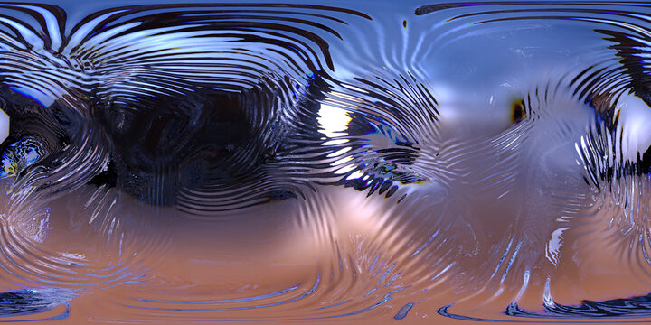 HDRI. Gradient waves, iridescent chrome wavy surface. Full spherical panorama 360 degrees. Cloth, fabric, liquid surface, ripples, reflections. 3D render illustration.