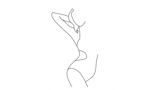 Abstract linear drawing of a girl in a swimsuit. Portrait minimalistic style. Modern continuous line art. Fashion print. Beaty salon