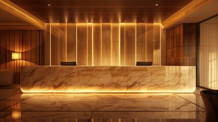 A gleaming marble check-in counter bathed in warm, inviting light.