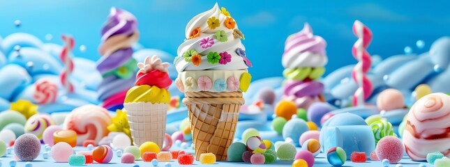 Colorful ice cream, surrounded by colorful candies and ice cubes, with a blue background, highdefinition photography, high resolution, super detailed, creative composition, bright colors, ice cream wa