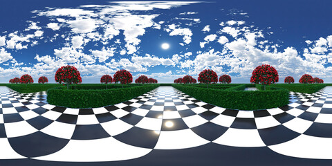 HDRI. Maze garden. Chess, trees, red flowers, clouds in the sky. Alice in wonderland theme. Full spherical panorama 360 degrees. 3D render illustration.