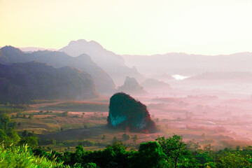 Beautiful mountain view and morning mist of Phu Langka National Park in Phayao Province.