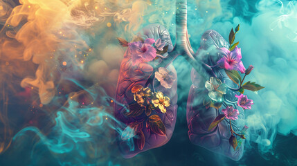 Creative lungs with flowers, colorful background, smoke touches
