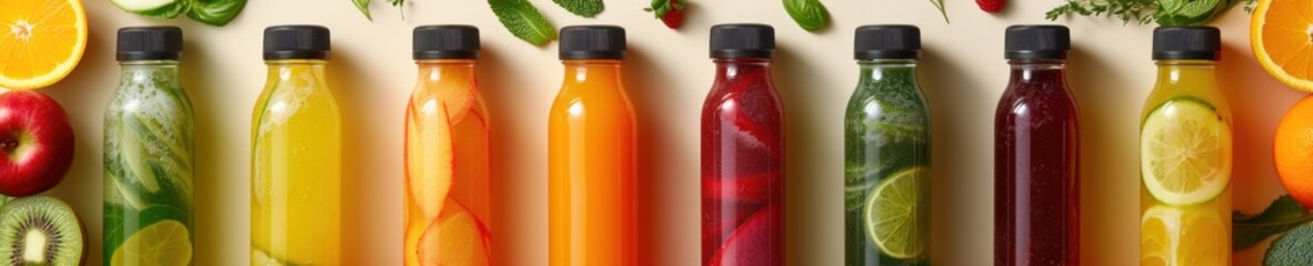 A variety of fruit juices in glass bottles on a white background.