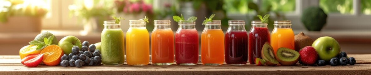 A variety of fruit juices in glass bottles on a wooden table.