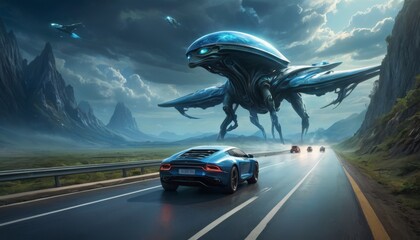 A sleek sports car speeds down a highway with an imposing alien spacecraft hovering above in a dramatic landscape.. AI Generation - obrazy, fototapety, plakaty