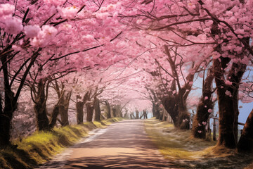 A peaceful country road lined with blooming cherry blossoms