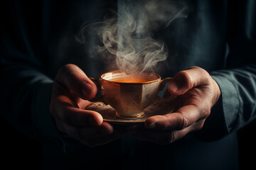 A pair of hands holding a steaming cup of tea