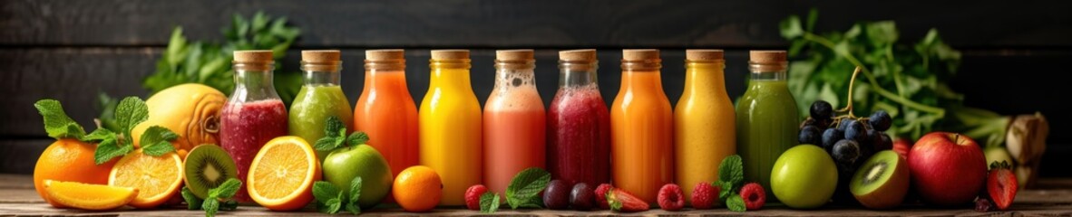 A variety of fruit juices in glass bottles with fresh fruits and vegetables on a wooden table.