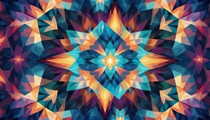 Vibrant digital kaleidoscope pattern with geometric symmetry and a fusion of warm and cool hues creating an engaging abstract art piece. AI Generation