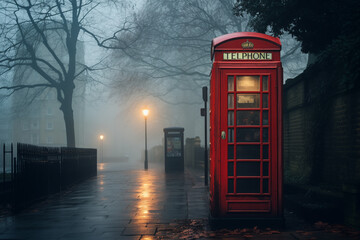 A classic red telephone booth on a foggy London street