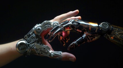 Cybernetically Enhanced Human Hand Intertwining with Organic Hand in Futuristic Technology Concept