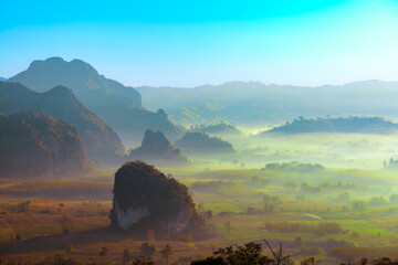 Beautiful mountain view and morning mist of Phu Langka National Park in Phayao Province.