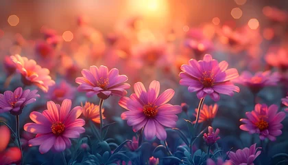  beautiful colorful meadow of wild flowers floral background, landscape with purple pink flowers with sunset and blurred background. Soft pastel Magical nature  © Animager
