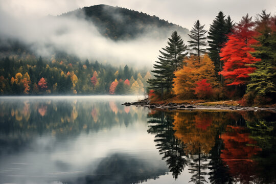 A serene mountain lake reflecting autumn foliage