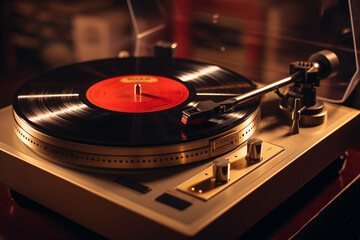 A vintage record player spinning a vinyl album