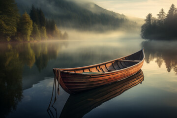 A rustic wooden rowboat on a calm lake