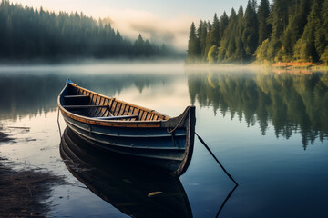 A rustic wooden rowboat on a calm lake - obrazy, fototapety, plakaty