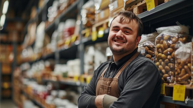 A male employee with Down syndrome works in a store.