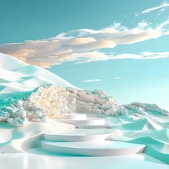 Rolgordijnen 3d rendering of a white podium in a surreal winter landscape with blue snow and a cloudy sky © Fay Melronna 