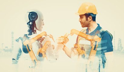 XAI Mechanized industry robot and human worker working together in future factory. Concept of...