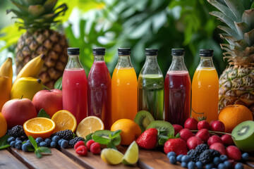 An assortment of fresh fruit juices in glass bottles with fruit and greenery in the background.