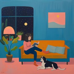a large room view  with a calm blu color wall and night view from window, a young girl sitting on a simple chair reading a book with her  best friend  dog near her, for books, postcards, wallpaper