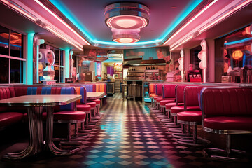 A retro-style diner with neon signs and chrome accents