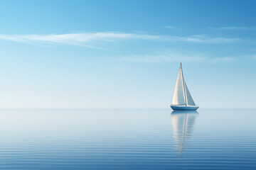 A lone sailboat drifting on calm blue waters - obrazy, fototapety, plakaty