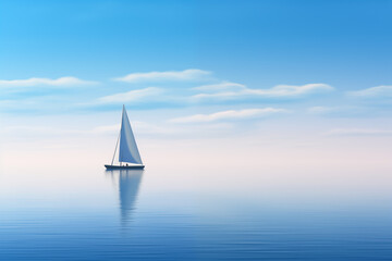 A lone sailboat drifting on calm blue waters - obrazy, fototapety, plakaty