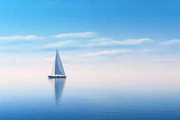 Deurstickers A lone sailboat drifting on calm blue waters © The Origin 33