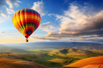 Obraz premium A colorful hot air balloon floating above rolling hills