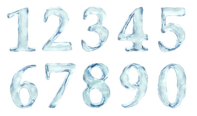 Set of numbers made of transparent ice. 3d illustration