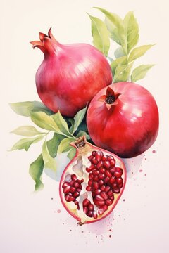Beautiful watercolor pomegranates in splashes of juice on a light background. Fresh red pomegranates.